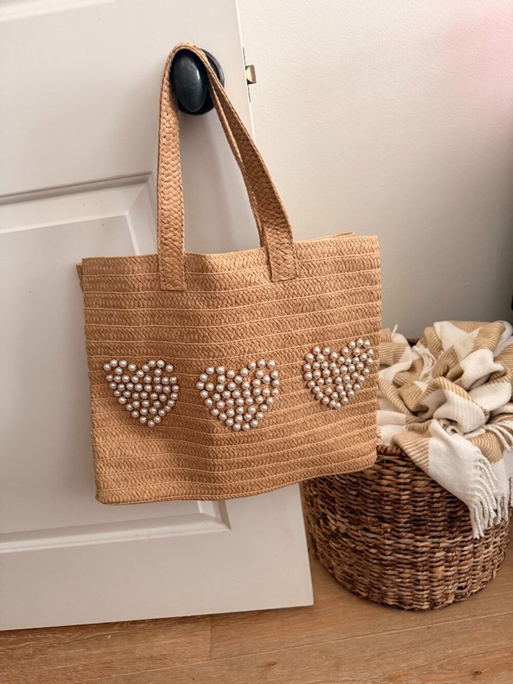 BtB Woven Tote with Pearl Heart Detail